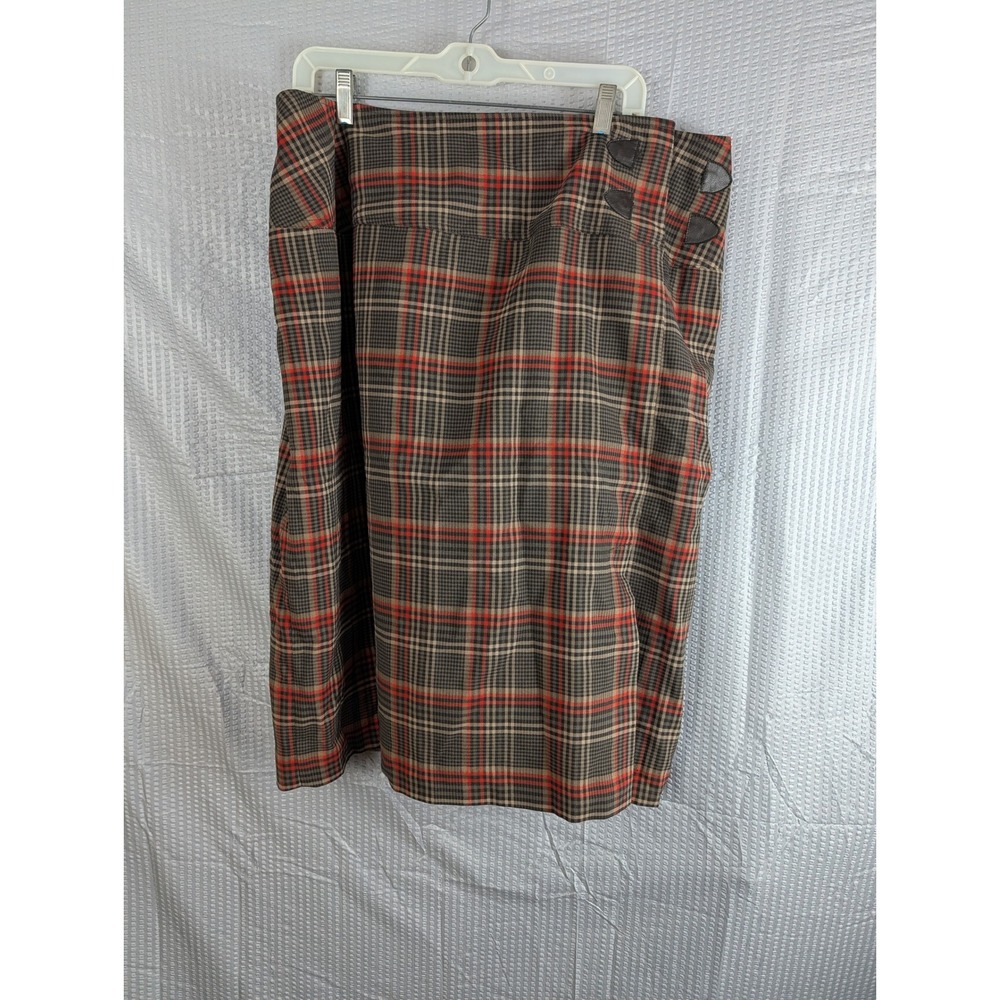 Cato Woman Plaid Houndstooth Midi Skirt Black Red Tan Lined Leather Trim XL‎